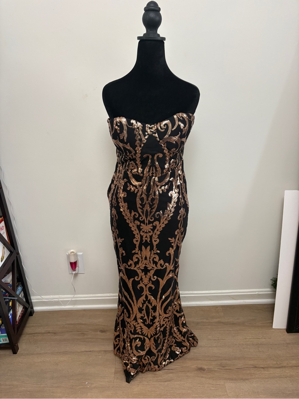 Strapless Black Dress with Gold Sequin Pattern